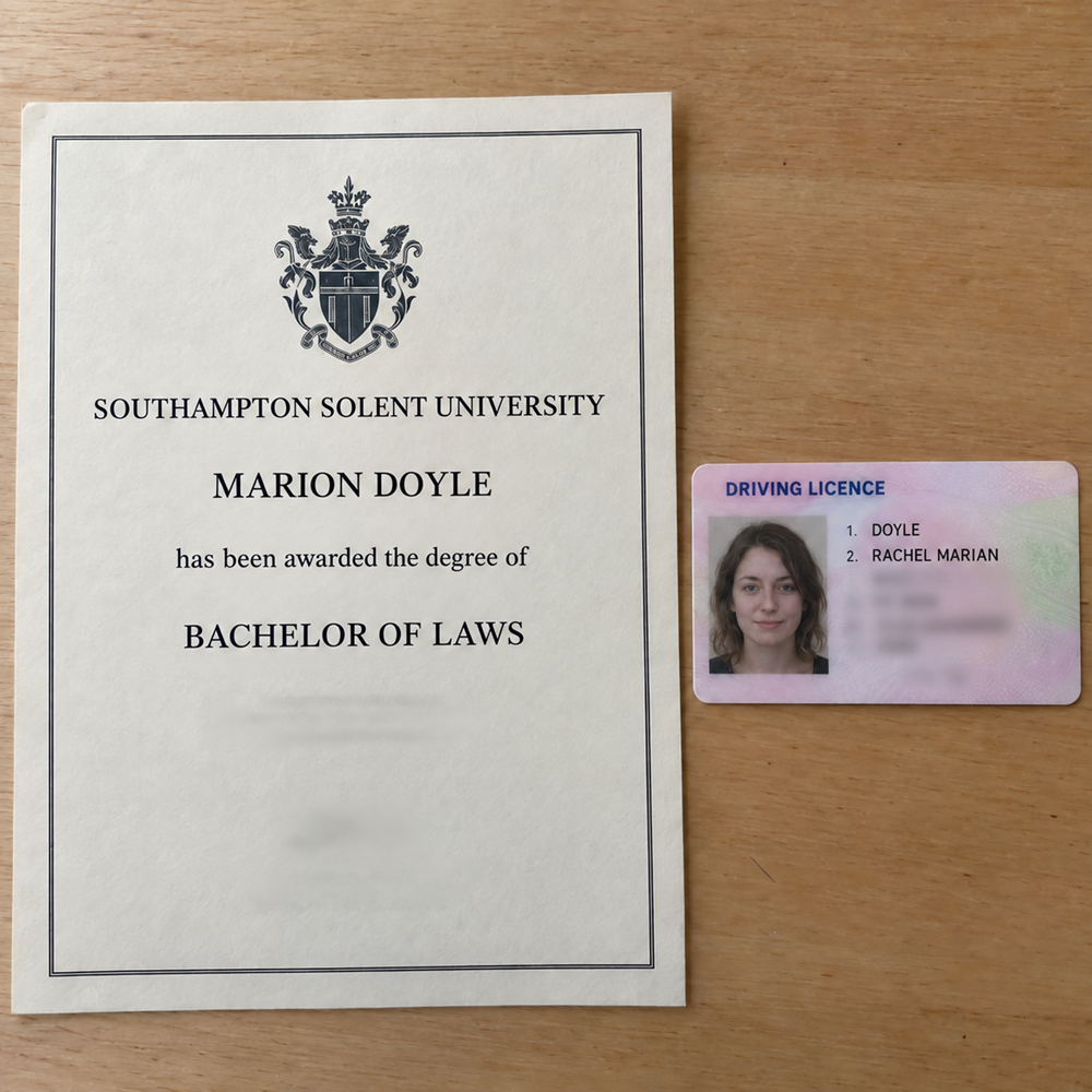 A degree certificate reading MARION DOYLE beside a driving licence reading DOYLE, RACHEL MARIAN.