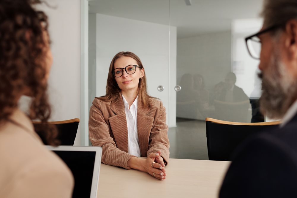 A woman at a professional interview.